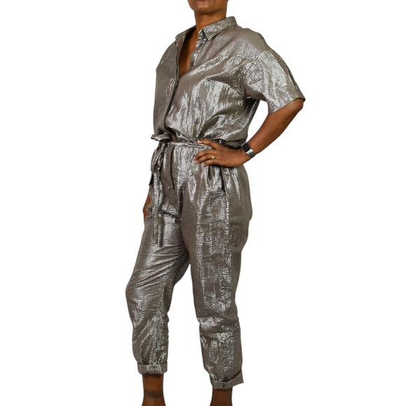 Xirena Theo Metallic Jumpsuit Brown Metallic Shimmer Cotton Lurex Belted Small - Picture 10 of 16